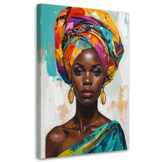 Feeby Cuadro Sobre Lienzo, Retrato Colorido De Una Mujer Con Turbante Glamour, 80x120
