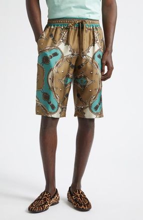 Dolce & Gabbana Cavallo Print Silk Bermuda Shorts in Corde/Verdon at Nordstrom, Size 32 Us