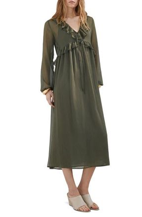 Mango Ruffle Trim Long Sleeve Maxi Dress in Khaki Green at Nordstrom, Size 10