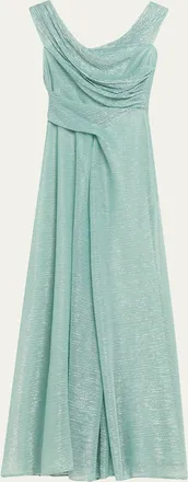 Talbot Runhof Draped Off-The-Shoulder Metallic Plisse Gown
