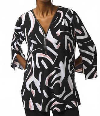 Joseph Ribkoff Embellished Zip V-Neck 3/4 Sleeve Tunic Top In Black/multi