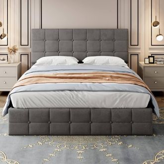 Merax 4ft6 Double Velvet Ottoman Bed with Adjustable Tufted Headboard in Grey