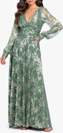 Betsy & Adam Metallic Floral Long Sleeve Crinkle Mesh Gown in Matcha/gold at Nordstrom, Size 10