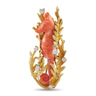 Luxury Bazaar 18K Yellow Gold 0.70ct Diamond and Coral Seahorse Brooch MF05-070926