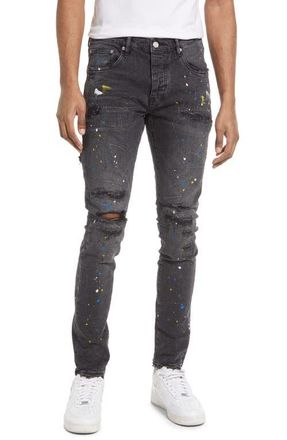 Purple PURPLE Paint Splatter Ripped Knee Skinny Jeans in Black Reflective Repair W/paint at Nordstrom, Size 38 X 35