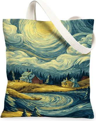 Generic Scenic Landscape Canvas Tote Bags, Nature Art Print Reusable Grocery Bags, Autumn Rustic Lightweight Washable Shoulder Stra, Blue, 13x15 Inch