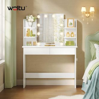 Woltu Woltu Mueble De Tocador Con Espejo Led, 2 Cajones Grandes Y 4 Estantes, Blanco