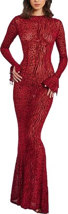 Generic Womens Sexy Leopard Printed Sheer Mesh Tight Long Dress Cut Out Backless Long Sleeve Bodycon Party Club Dresses