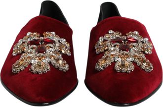 Dolce & Gabbana Black Red Velvet Embellished Slip On Mens Shoes