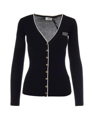 Elisabetta Franchi Black Ribbed Wool V-Neck Cardigan
