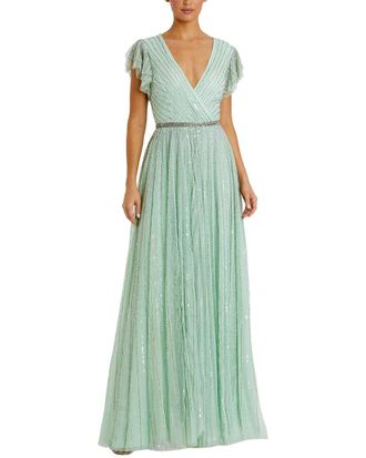 Mac Duggal Sequined Wrap Over Ruffled Cap Sleeve Gown