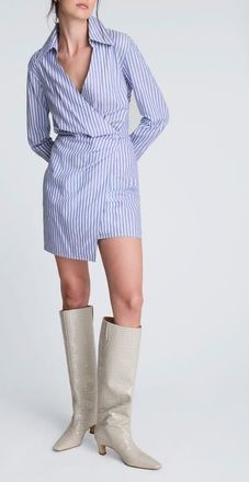 Kenneth Cole Asymmetric Long Sleeve Wrap Shirtdress in Dk Navy/Pure Wht Mlt at Nordstrom, Size 12