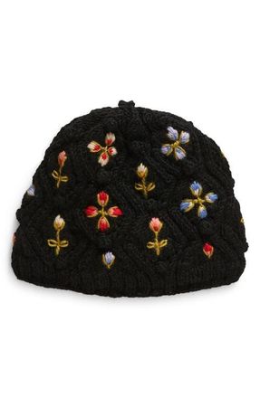FRENCH KNOT Tilly Floral Embroidered Wool Knit Hat in Black at Nordstrom