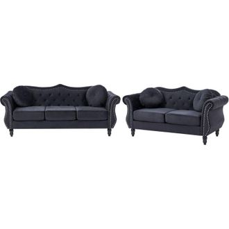 Beliani Retro Living Room Velvet Sofa Set 3 and 2 Seater Button Tufted Black SKIEN