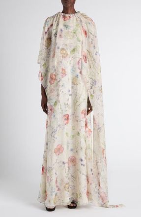 Alexander McQueen Floral Print Silk Cape Dress in White at Nordstrom, Size 4 Us