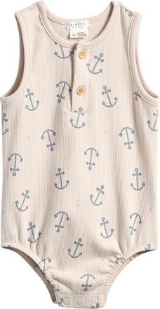 Petit Lem Anchors Rib Stretch Organic Cotton Bodysuit in Beige at Nordstrom, Size 18M