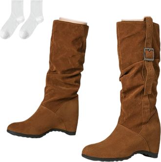 Generic Womens Boots in A Suede Look with A Wedge Heel, Casual Slip-On Boots with A Decorative Buckle, Comfortable Ankle Boots for Everyday Wear, Autumn And W