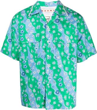 Marni Short Sleeve Shirts, male, Green, M, Floral Print Short-Sleeved Shirt