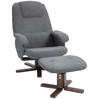 HOMCOM Swivel Recliner Chair and Footstool Linen-touch Fabric Wooden Base - Grey | TJ Hughes