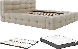 Vente-Unique Cama capiton&eacute; 160 x 200 cm - Tela jaspeada - Beige + Somier + Colch&oacute;n - LERUCO de Pascal Morabito