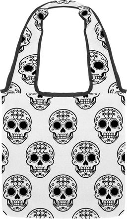 Generic Dark Sugar Skull Flower Reversible Canvas Shoulder Tote - Double-Sided Print, 12oz Cotton, 27cm Drop, Fold-Flat Bag for Travel, Shopping, Street Outin