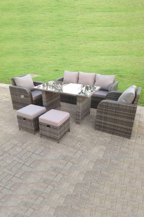 Fimous PE Rattan Garden Furniture Set Adjustable Chair Lounge 3 Seater Sofa Oblong Rectangular Dining Black Glass in Dark Grey