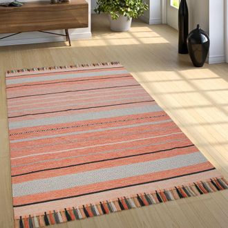 Paco Home Paco Home Alfombra Natural Sal&oacute;n Con Flecos, Moderna Tejida A Mano Kilim, 100 % Algod&oacute;n 200x290 Cm, Albaricoque
