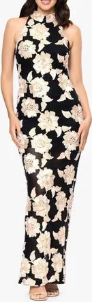 Betsy & Adam Floral Soutache Sheath Gown in Black/Champagne at Nordstrom Rack, Size 14