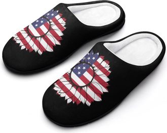 Generic U.S. Flag in Sunflower Cotton Slippers for Women Memory Foam Comfy House Shoes with Anti-Skid Rubber Sole