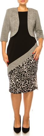 Maya Brooke Asymmetrical Animal Print Jacket Dress In Stone Black