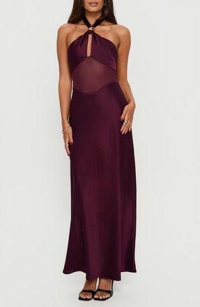 Princess Polly Rosario Sheer Panel Satin Halter Gown in Plum at Nordstrom, Size 10