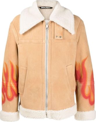 Palm Angels flame-print shearling jacket - men - Sheep Skin/Shearling - L - Neutrals