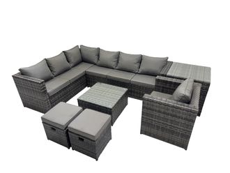 Fimous Patio Furniture Sets with Corner Sofa Chair Side Table 2 Small Stools in Dark Grey