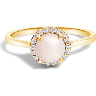 House of Brilliance 10K Gold Gemstone and 1/10 Cttw Diamond Halo Birthstone Ring in Yellow | Pearl at Nordstrom, Size 6.5
