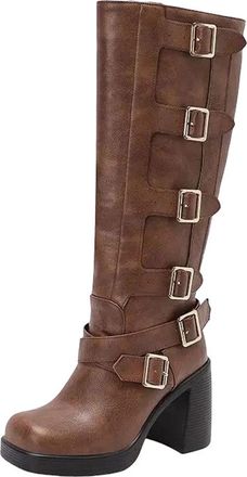 Generic Womens Retro Knee High Boots Square Toe Platform Chunky Heel Slip On Design With Decorative Metal Buckles