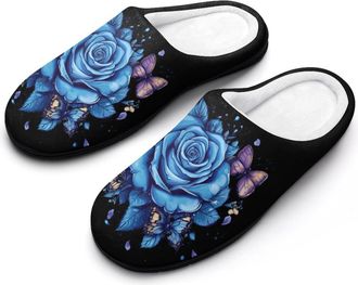 Generic Butterfly Blue Roses Flowers Womens Slippers Warm House Slippers Indoor House Shoes with Anti-Skid Rubber Sole