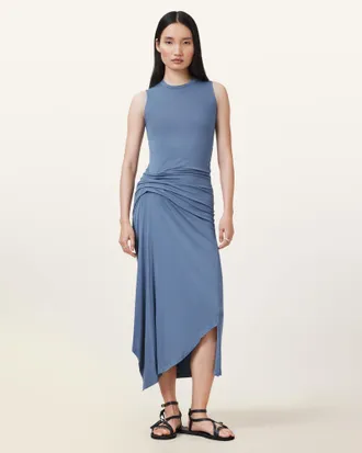 AllSaints Polyester Rivi Draped Midi Dress, Size: UK 16/US 12