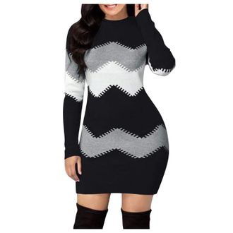 Generic Knitted Winter Dresses for Women UK | Striped Sweater Dress Wrap Ribbed Bodycon Long Sleeve Slim Fit Sexy Dress Fashion Colour Block Mini Dress Pencil