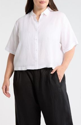 Eileen Fisher Short Sleeve Organic Linen Button-Up Shirt in White at Nordstrom, Size 1X