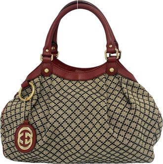 Gucci Beige Red Color Canvas Leather Handbag Tote Bag (Pre-Owned)