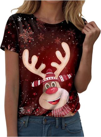 Generic Christmas T Shirts Women Funny Snowflake Reindeer Xmas T Shirt Ladies Funny Christmas Tshirt Crew Neck Short Sleeve UK Ladies Casual Tunic Tops Loose 