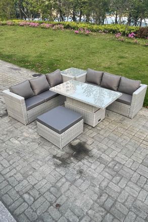 Fimous Rattan Garden Funiture Set Adjustable Rising Lifting Table Sofa Dining Set Tea Table Footstool in Light Grey