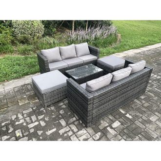 Fimous Rattan Garden Furniture Set Indoor Outdoor Patio Sofa Set with Oblong Coffee Table 2 Big Footstool 8 Seater Dark Grey Mixed - Fimous
