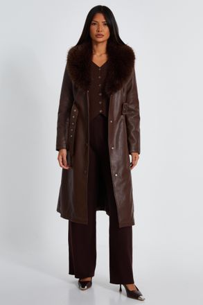 Quiz Womens Brown Faux Leather Trench Coat - Size 12 UK