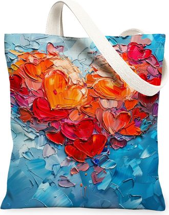Generic Artistic Heart Canvas Tote Bags, Colorful Floral Design Reusable Shopping Bags, Lightweight Washable Shoulder Strap Canvas, Blue, 13x15 Inch