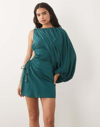 Asos Vestito corto a campana monospalla verde-azzurro con cut-out in vita-Blu