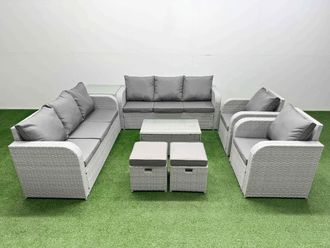 Fimous PE Rattan High Back Lounge Sofa Set Patio Coffee Table & Chairs Set with 3 Seater Sofa Reclining Chair Stools Side Table Light Grey
