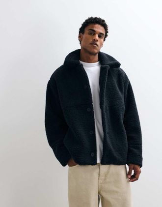 Asos giacca coach oversize in pile borg nera-Nero