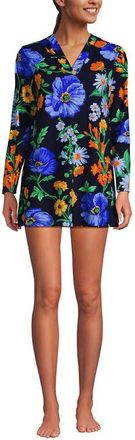 Lands End Cotton Jersey Long Sleeve Hooded Swim Cover-up Dress in Navy/exploded Poppy Floral at Nordstrom, Size X-Large