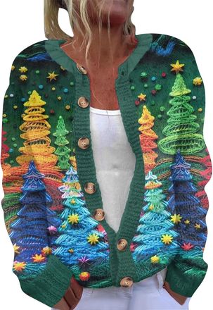 Generic Flodxo Christmas Jumpers for Women Funny Plus Size Coats and Jackets Ladies Long Sleeve Tops Casual Lightweight Cardigans Novelty Xmas Tree Blouse & S